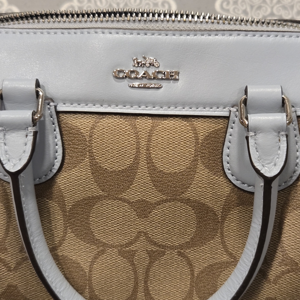 Coach Tan and Light Blue Signature Handbag - Picture 3 of 15